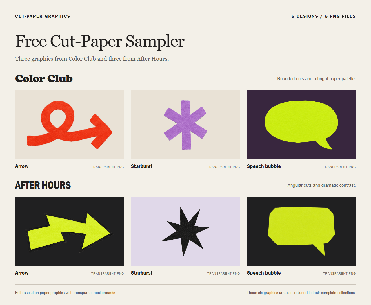 Color Club's playful paper shapes beside After Hours' angular shapes: one arrow, starburst and speech bubble from each collection.