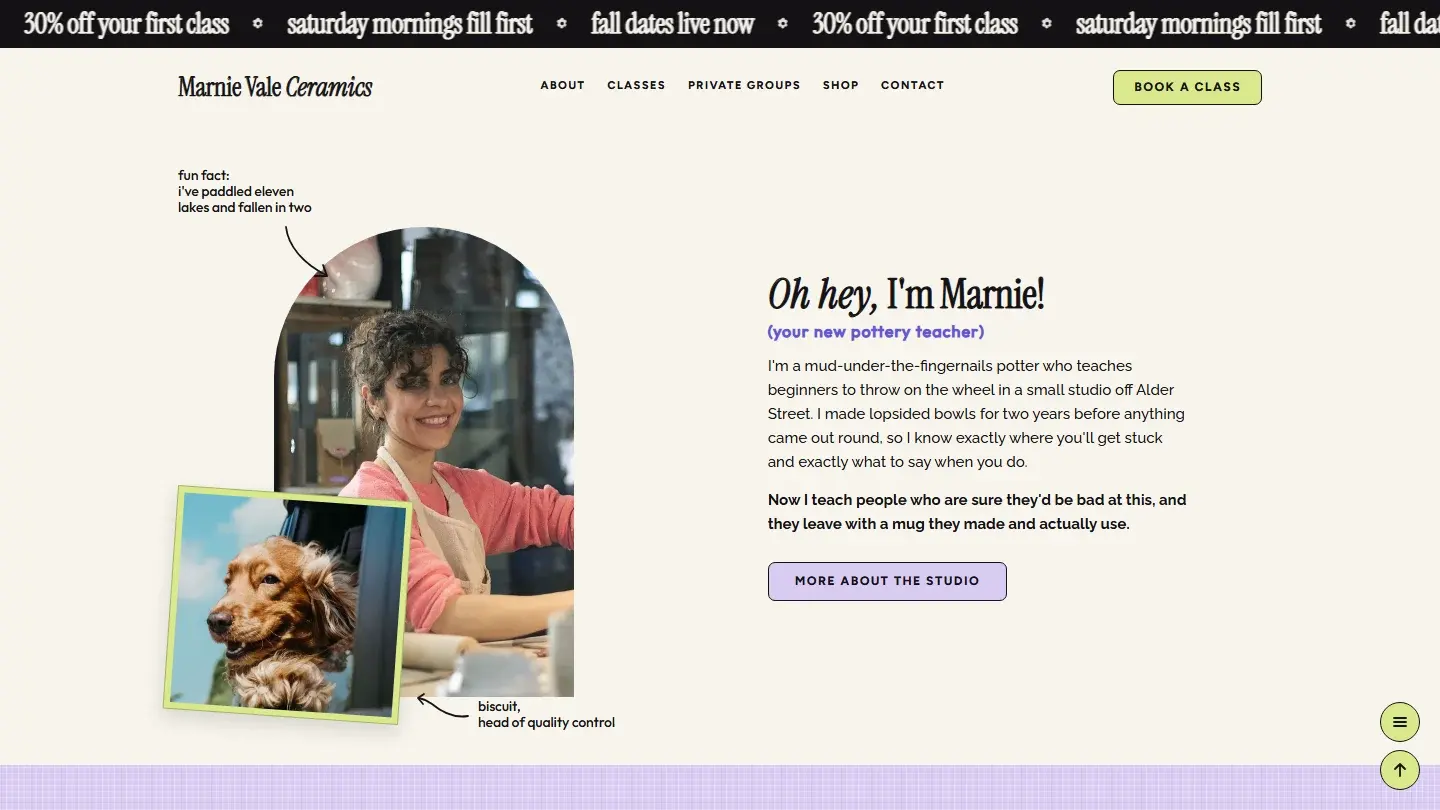The Marnie Vale home page: a black ticker, the wordmark and menu, an arch portrait with a tilted polaroid of a dog and two handwritten notes, and Oh hey, I’m Marnie beside it.