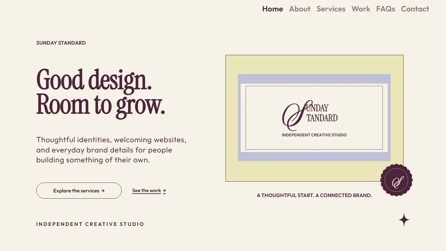 The Sunday Standard home page: SUNDAY STANDARD and Good design. Room to grow. in wine on cream, beside the studio wordmark on a cream card framed in lilac and pale green, with a scalloped wine seal holding a script S.