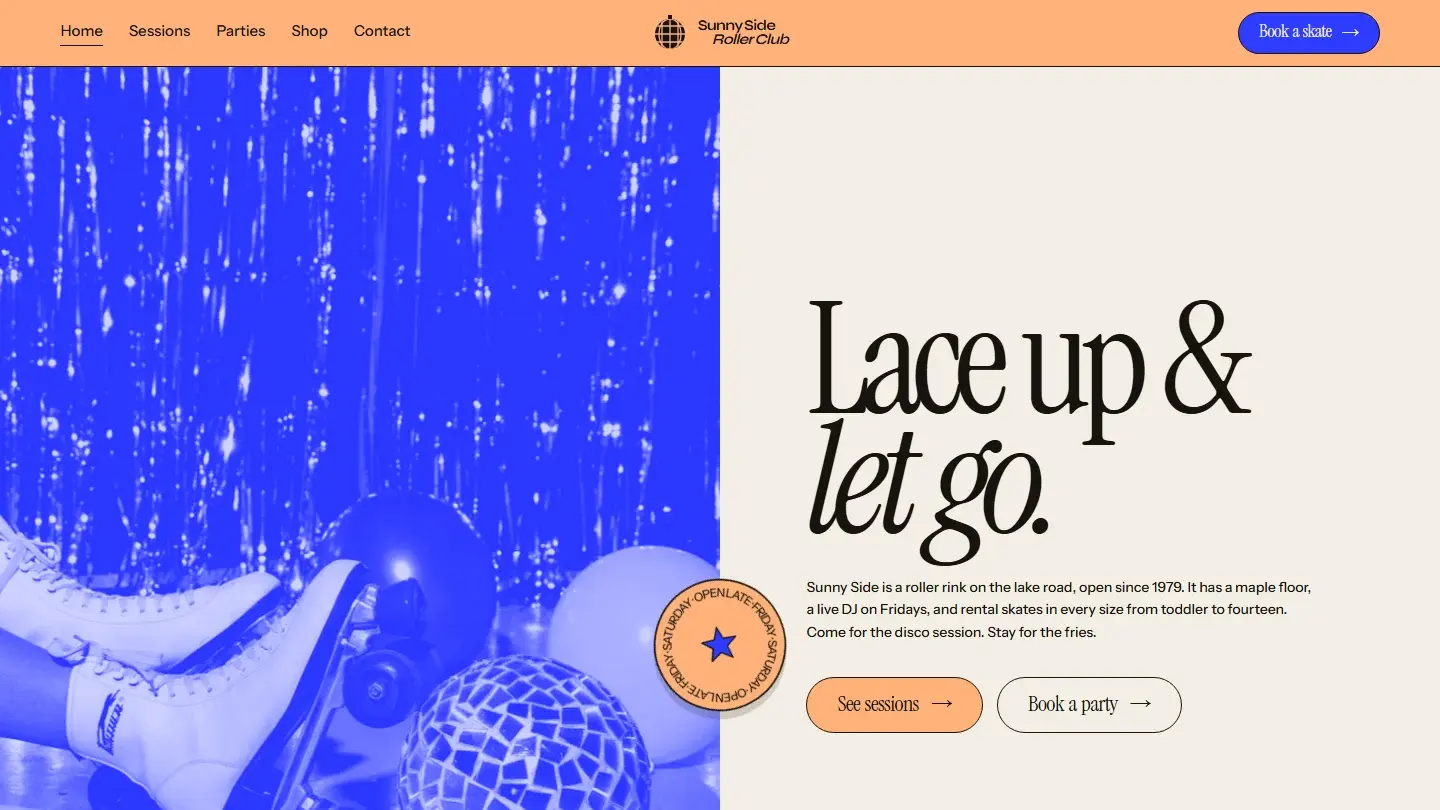 The Sunny Side home page: an apricot bar with the wordmark and a cobalt Book a skate button, a photo of white roller skates beside a disco ball printed in cobalt, and Lace up & let go beside it with two pill buttons.