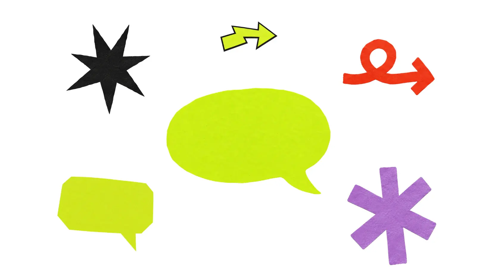 The six Cut-Paper Sampler graphics on a solid background: Color Club’s speech bubble in the middle, with After Hours’ starburst, Color Club’s loop arrow, After Hours’ speech bubble, Color Club’s starburst, and After Hours’ zigzag arrow around it.