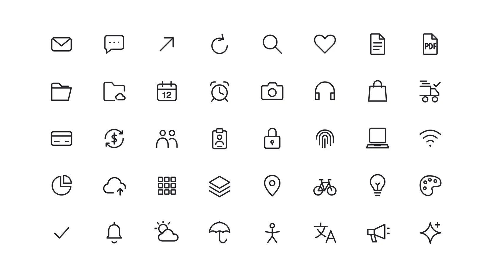 Forty Fine Outline Icons in dark ink on a solid white background, two from each of the 20 categories, among them email, search, a calendar date, a camera, a delivery truck, a credit card, a padlock, a laptop, a pie chart, a map pin, a lightbulb, a sun behind a cloud, and a megaphone.