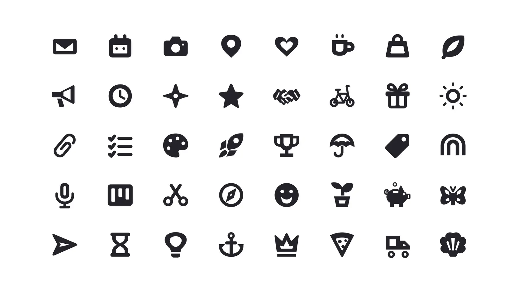 Forty Soft Cut Icons in dark ink on a solid white background, five from each of the eight categories, among them a message, a calendar, a camera, a map pin, a heart, a coffee cup, a shopping bag, a leaf, a rocket, a trophy, a bicycle, and a butterfly.