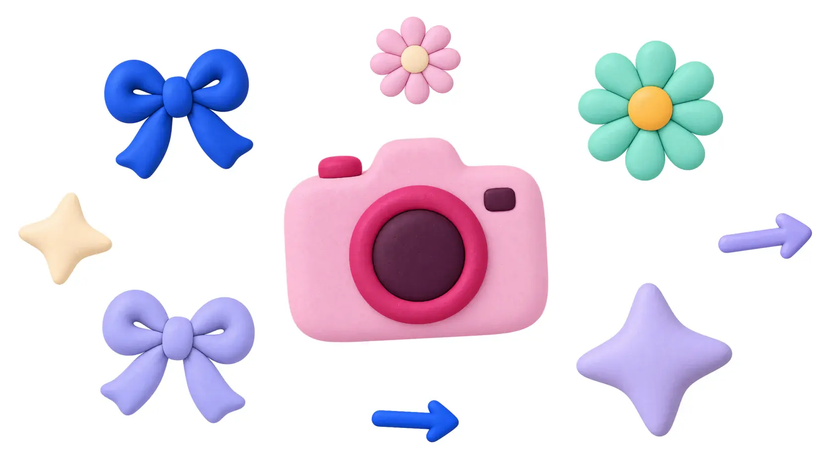 Nine of the Soft Objects Sampler’s PNGs: a Berry Cream camera in the middle, with bows, daisies, four-point stars, and straight arrows from the three palettes around it.
