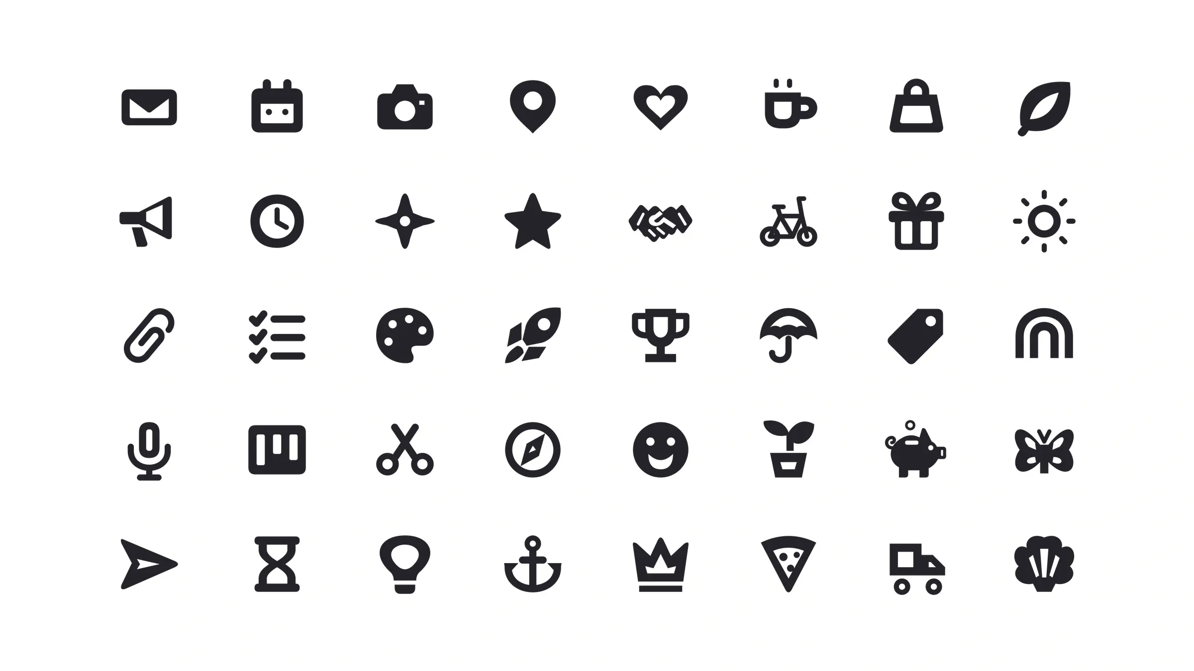 Forty Soft Cut Icons in dark ink on a solid white background, five from each of the eight categories, among them a message, a calendar, a camera, a map pin, a heart, a coffee cup, a shopping bag, a leaf, a rocket, a trophy, a bicycle, and a butterfly.