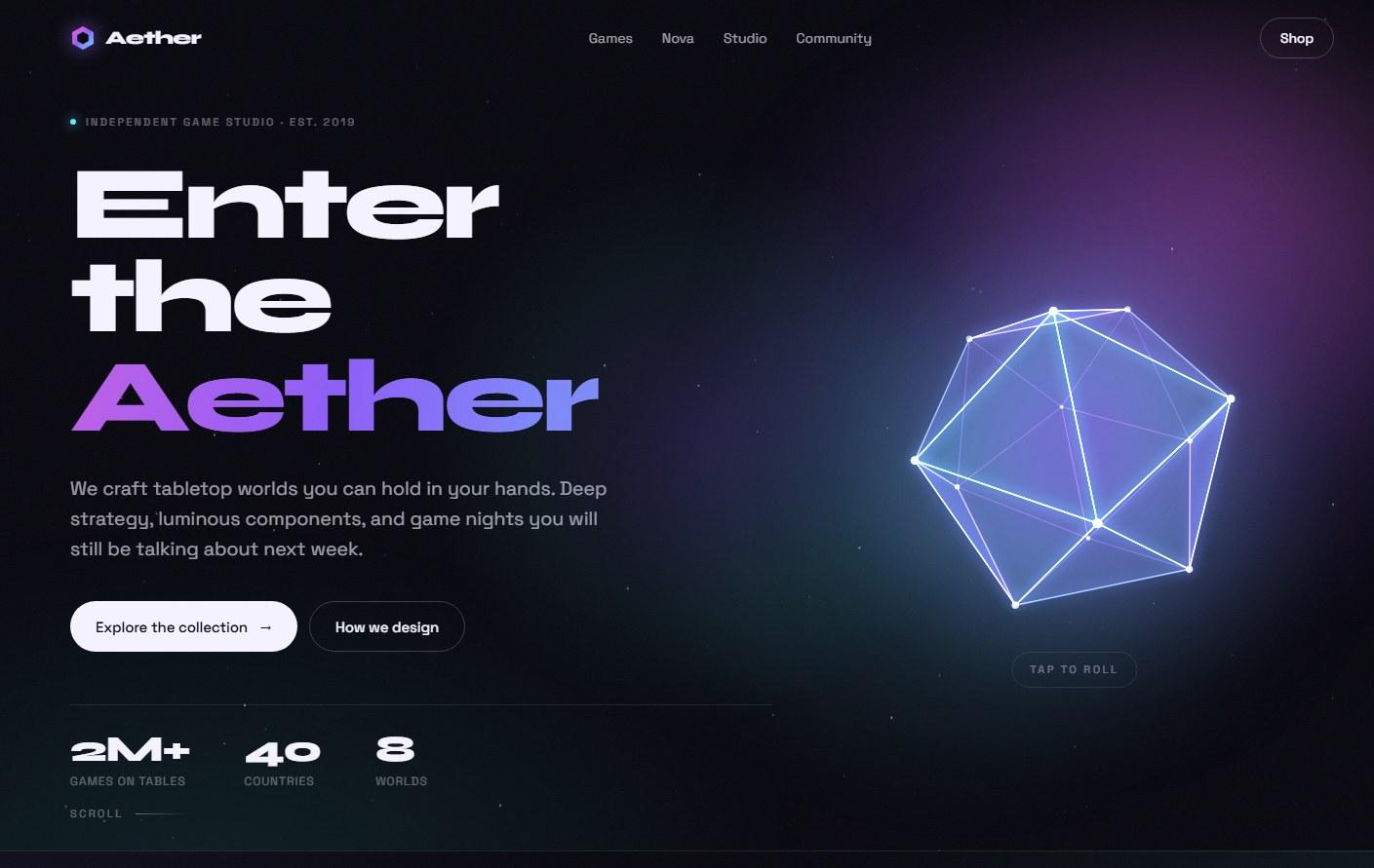 Aether Games cinematic website concept with a dark violet game interface