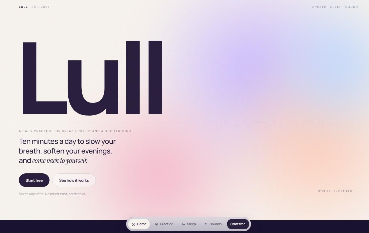 Lull wellness app website concept with soft atmospheric gradients