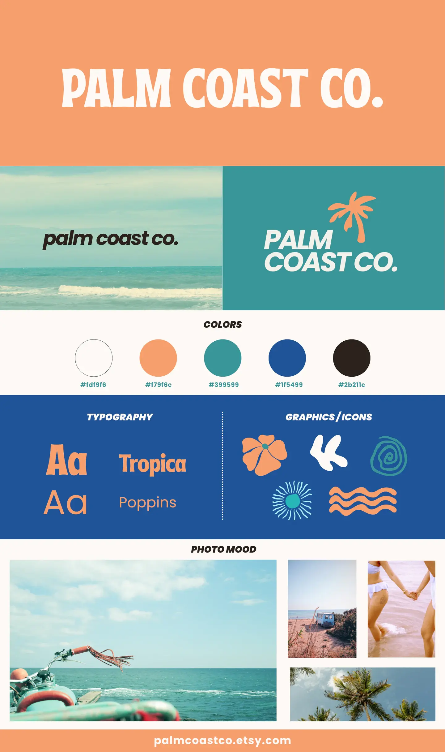 Palm Coast Co. brand board showing logo variations, orange, teal, blue, cream, and brown colors, Tropica and Poppins typography, coastal icons, and beach photography