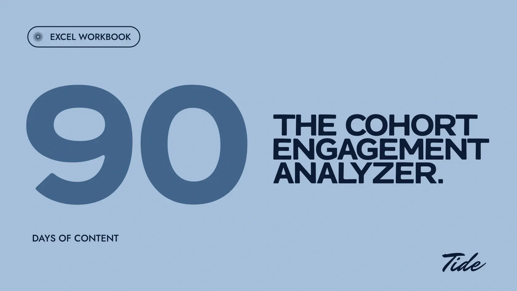 The Cohort Engagement Analyzer: an oversized cornflower 90 beside a navy all-caps A Little Leisure title on ocean blue, labeled Excel workbook and days of content.
