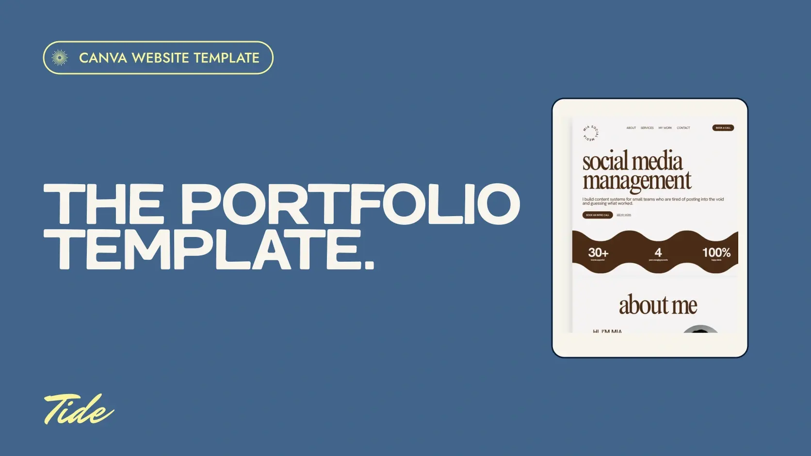 The Portfolio Template: paper A Little Leisure capitals on cornflower blue with a clean framed preview of the actual Canva template.