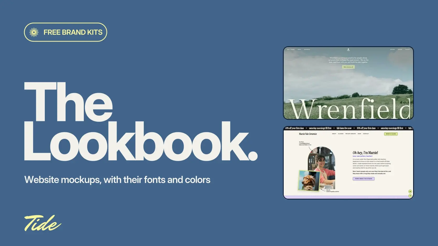 The Lookbook: linen Inter on cornflower blue beside the Marnie Vale Ceramics and Wrenfield home pages in rounded frames, labeled free brand kits.