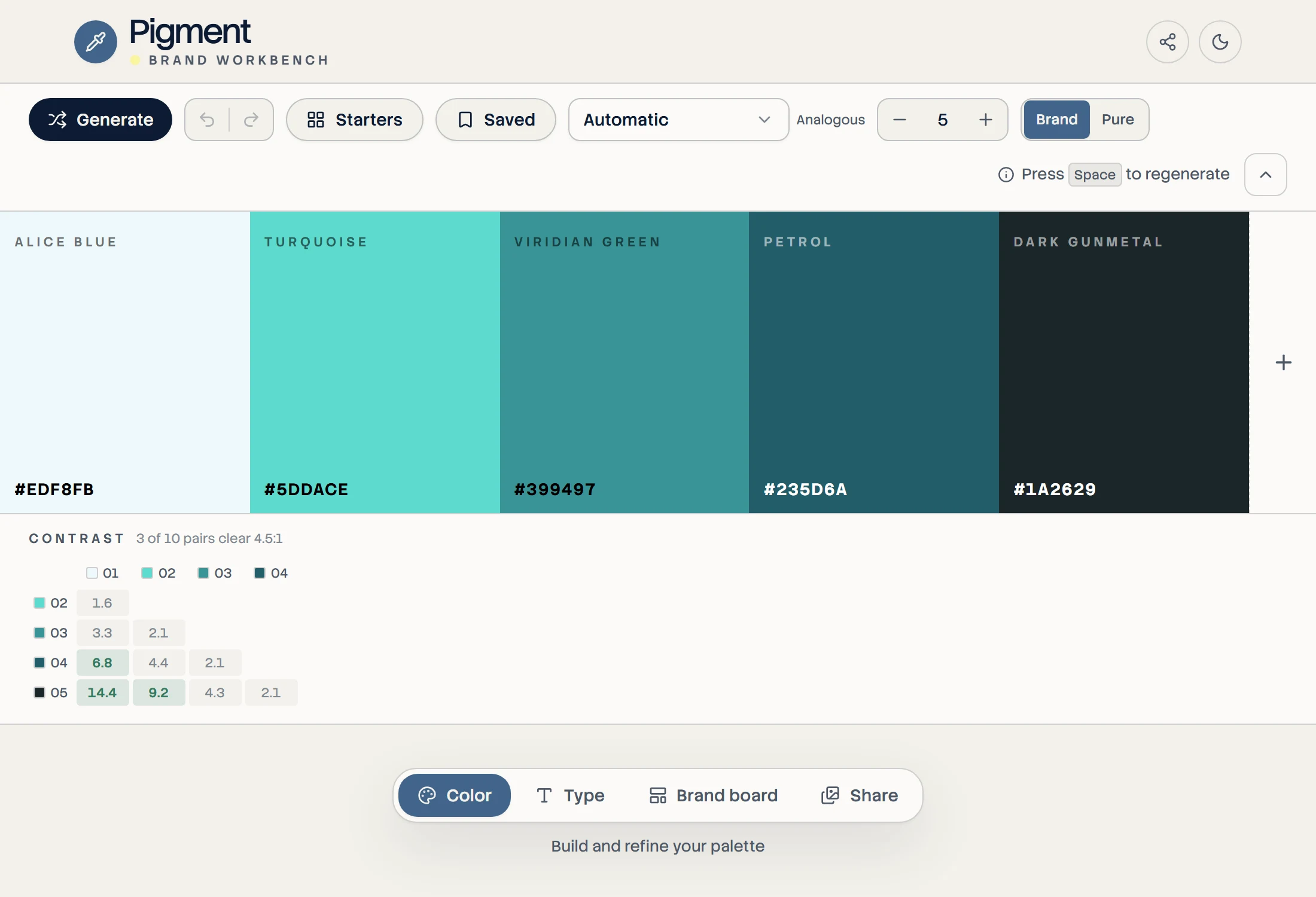 Pigment generating a five-color palette with a contrast matrix beneath it