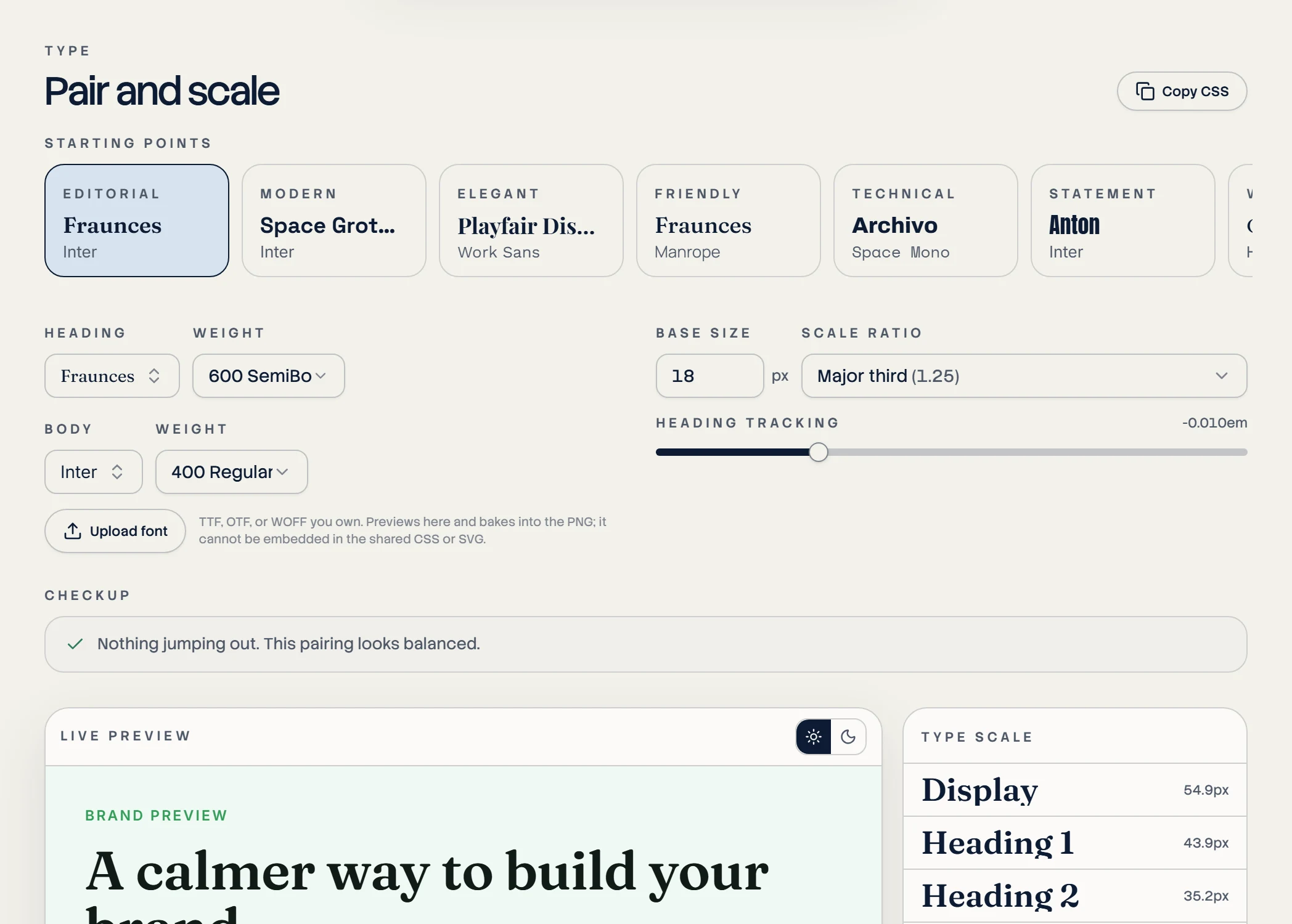 Pigment pairing a heading and body font with a live type scale