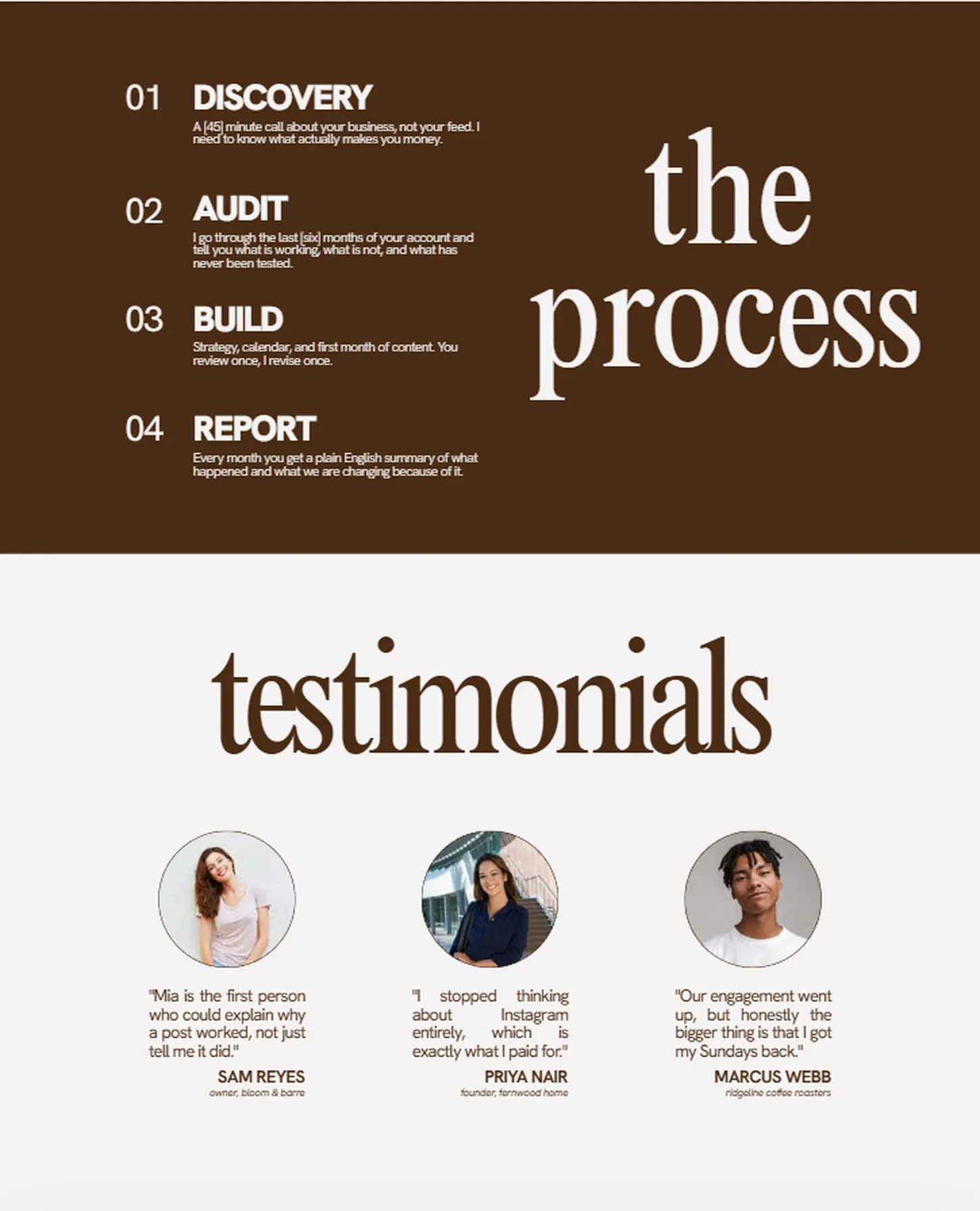 Template process and testimonials sections